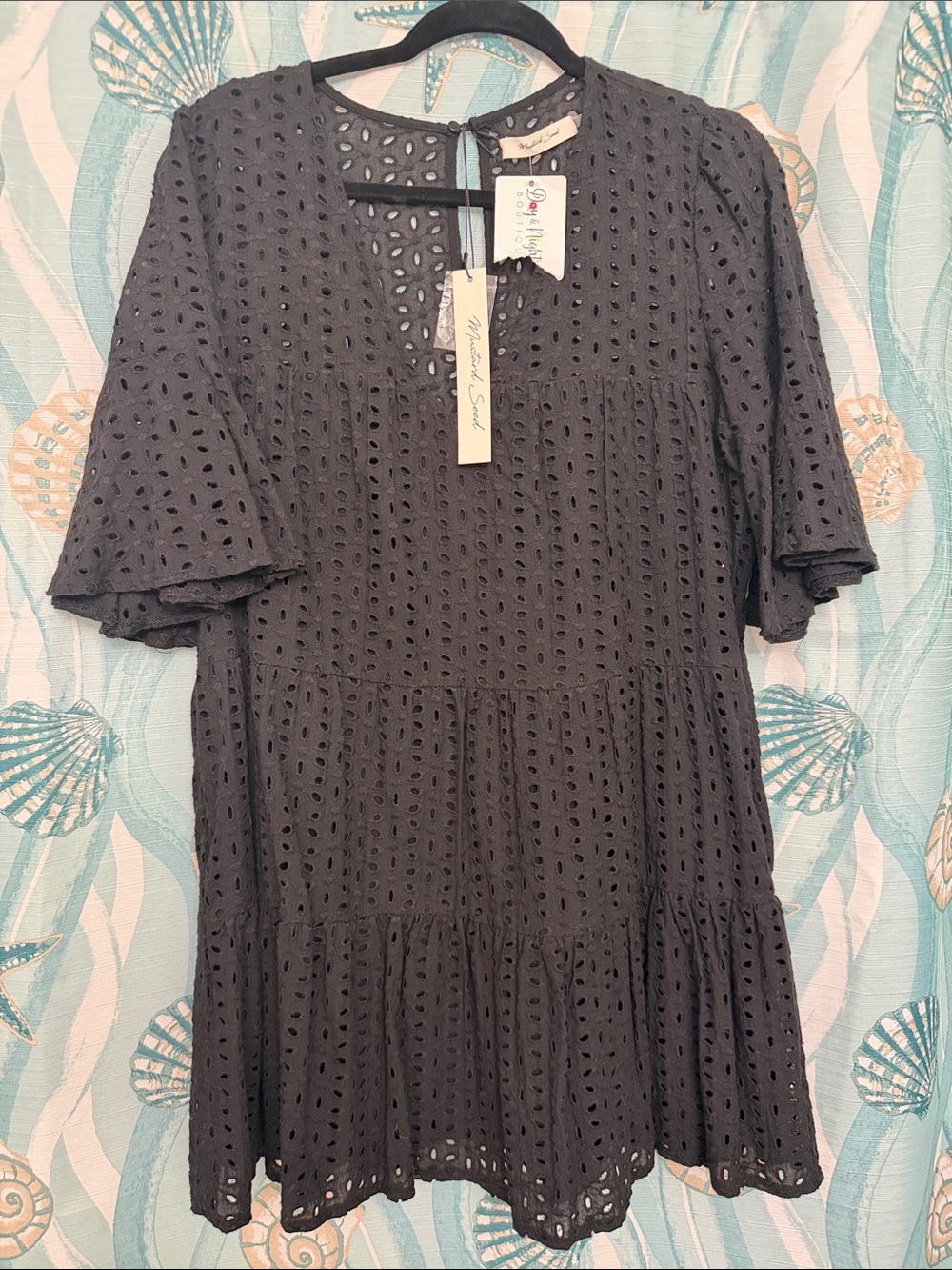 Mustard Seed Black Eyelet Tiered Mini Dress